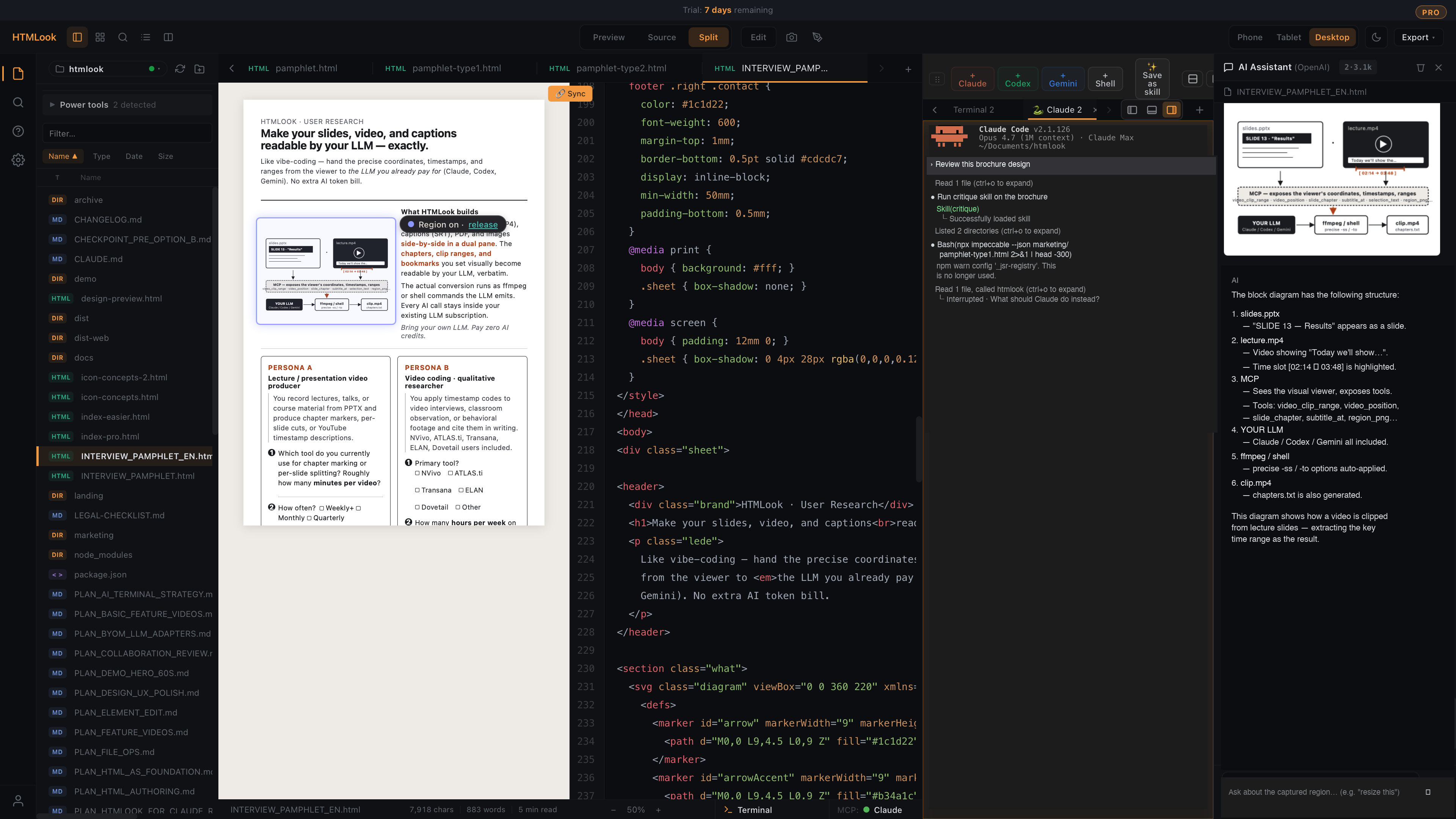 HTMLook Pro — sidebar, viewer, terminal+code, and ChatPanel in a single window